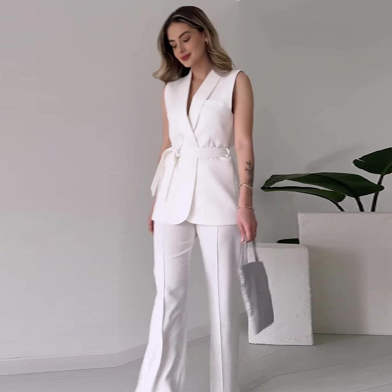 Damen Ärmelloses Blazer-Set mit tailliertem Bindegürtel und High-Waist Schlaghose Shop Nory