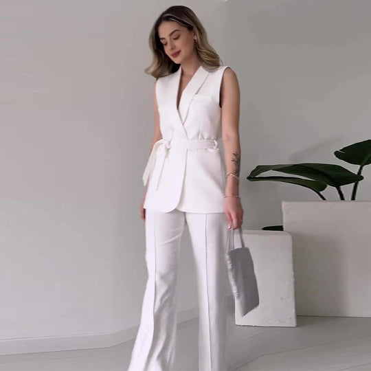 Damen Ärmelloses Blazer-Set mit tailliertem Bindegürtel und High-Waist Schlaghose Shop Nory