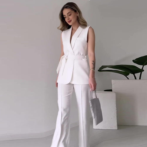 Damen Ärmelloses Blazer-Set mit tailliertem Bindegürtel und High-Waist Schlaghose Shop Nory