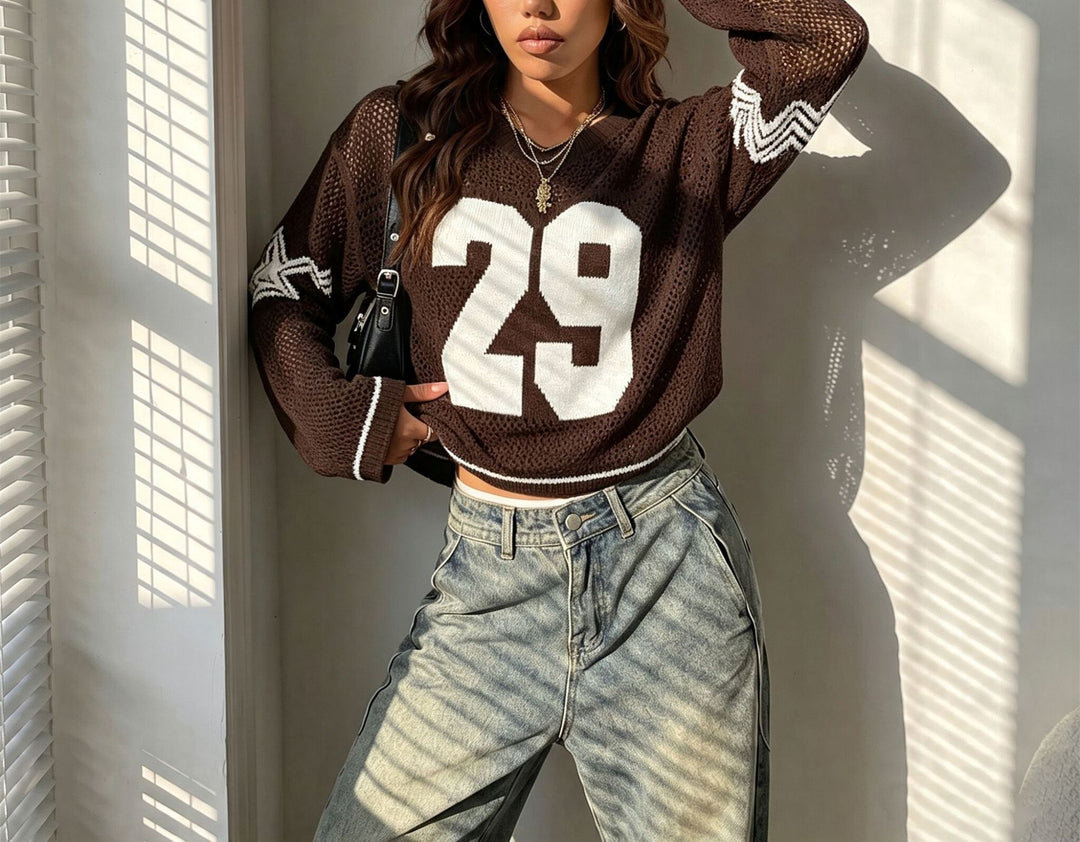 Damen Oversize Netz-Strick Cropped Pullover mit V-Ausschnitt Shop Nory
