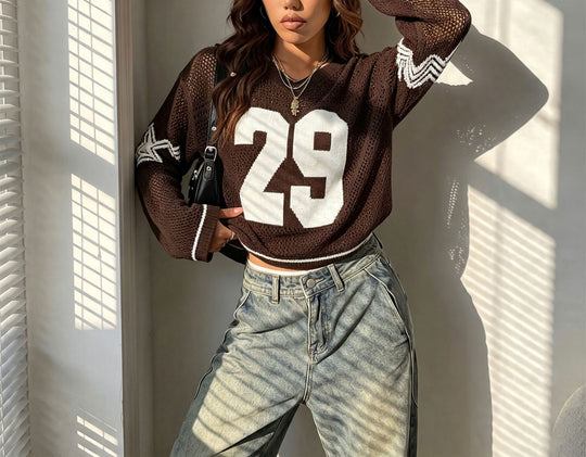 Damen Oversize Netz-Strick Cropped Pullover mit V-Ausschnitt Shop Nory