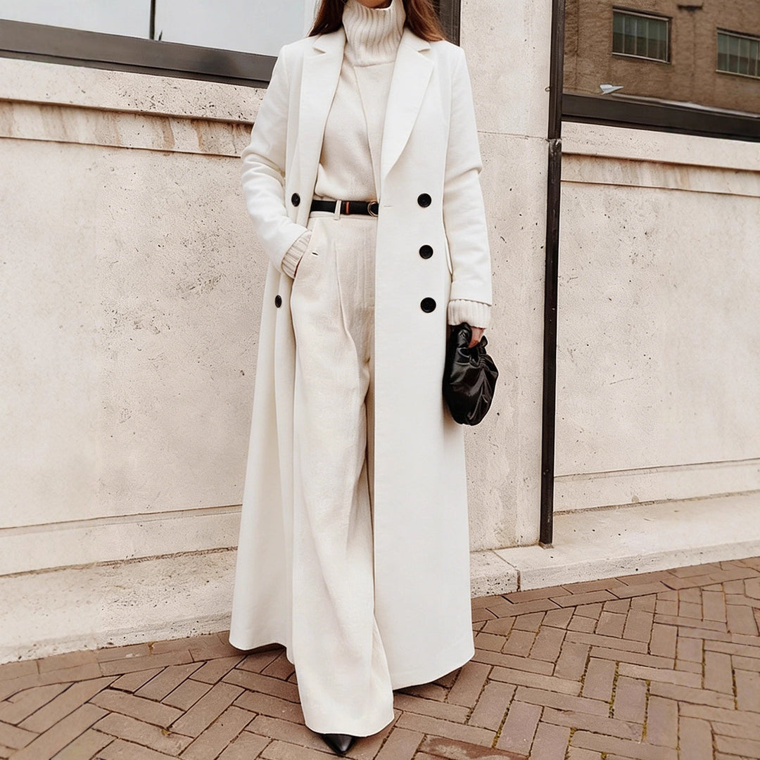 Damen Langer doppeltreihiger Wollmantel mit Reverskragen und taillierter Silhouette Shop Nory