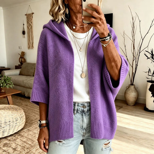 Damen Kapuzen-Longcardigan aus grobem Strick mit 3/4-Ärmeln und offener Front Shop Nory