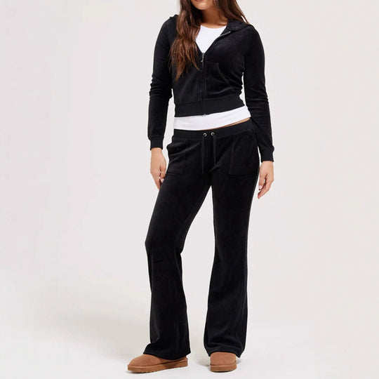 Damen Samtvelours Cropped-Zipjacke mit Kängurutasche und hochgeschnittener Bündchenhose Shop Nory