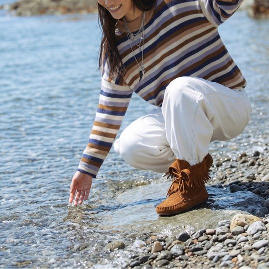 Damen Gestreifter Strickpullover mit Polokragen & Knopfleiste Shop Nory