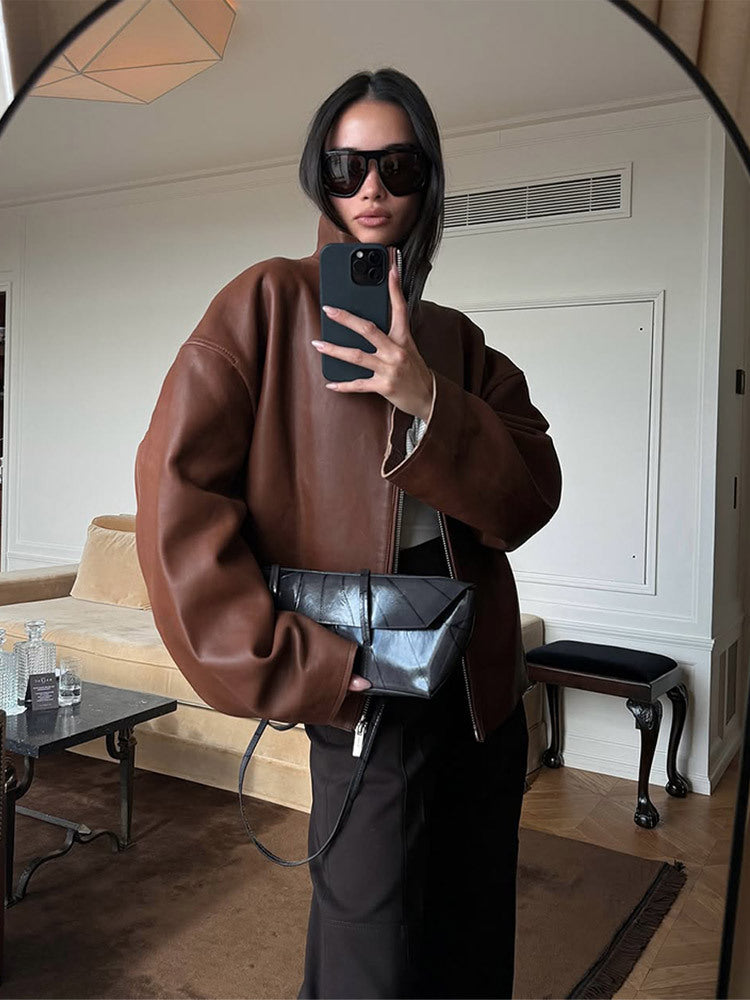 Damen Oversized Lederblouson mit soften Teddy-Innenfutter und Verdeckt-Reißverschluss Shop Nory