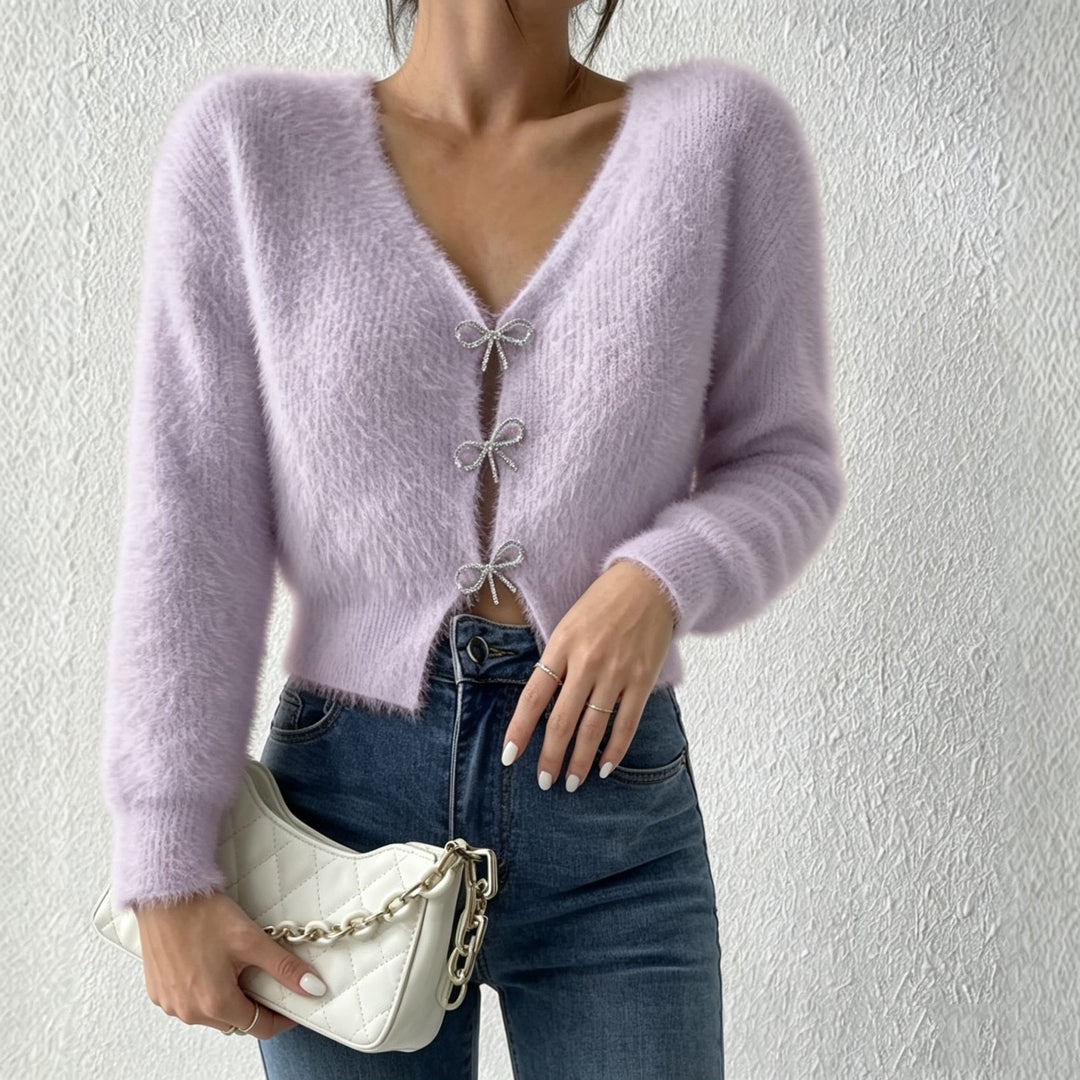 Damen Flauschiger Cropped-Cardigan mit V-Ausschnitt und Schleifen‑Verschlüssen Shop Nory