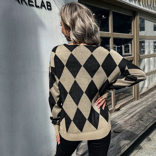 Damen Rauten-Strickpullover mit lockerem Schnitt und Rippbündchen Shop Nory