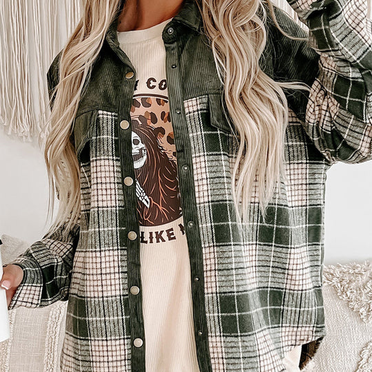 Damen Oversize karierte Hemdjacke mit Cordbesatz und Druckknöpfen Shop Nory
