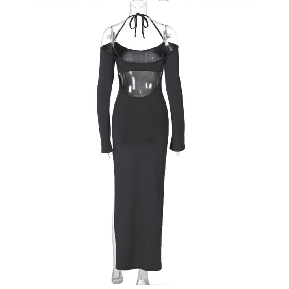Damen langes Abendkleid mit Neckholder und schulterfreiem Bell-Ärmel, figurbetonter Taillenraffung und hohem seitlichem Beinschlitz Shop Nory