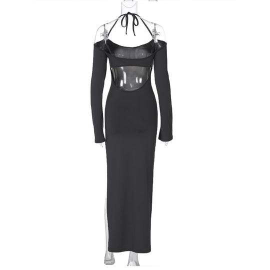 Damen langes Abendkleid mit Neckholder und schulterfreiem Bell-Ärmel, figurbetonter Taillenraffung und hohem seitlichem Beinschlitz Shop Nory