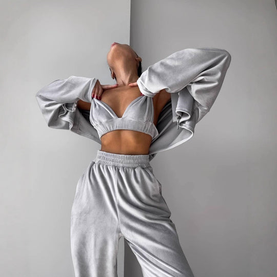 Damen kurzes Samt-Cropped-Zipshirt mit weitem High‑Waist Palazzo‑Hose Zweiteiler Shop Nory