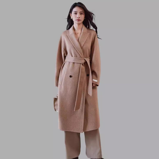 Damen Wollmantel mit Bindegürtel und weitem Revers Shop Nory