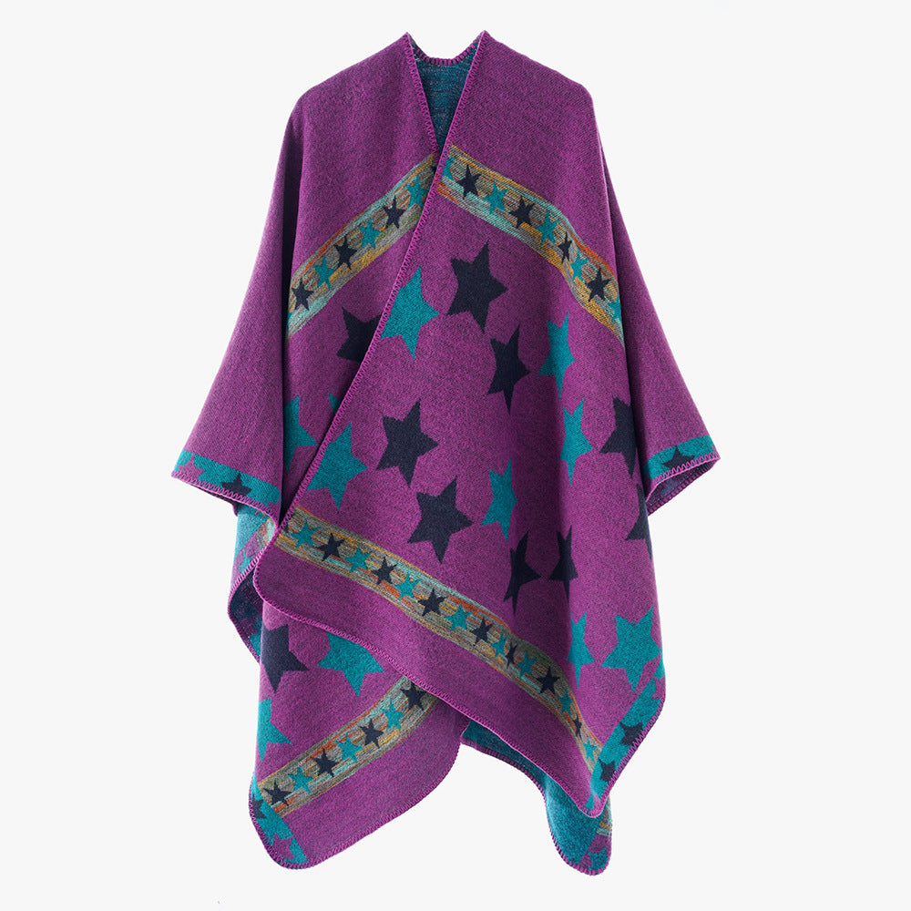 Damen Oversize-Capeponcho aus Wollmix mit zweilagigem Stern‑Jacquard und dekorativer Kettelnaht Shop Nory