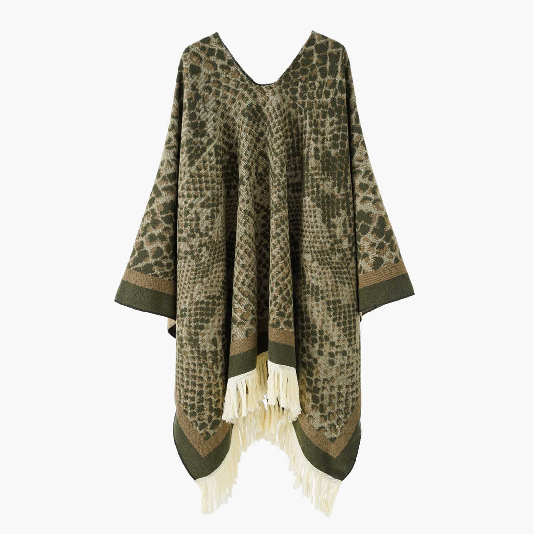 Damen Jacquard-Poncho mit V-Ausschnitt, Animalprint und Fransensaum Shop Nory