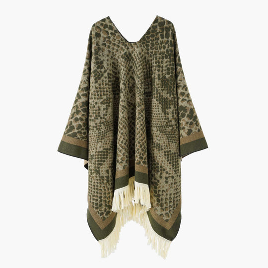 Damen Jacquard-Knitcape mit Leoparden‑Print, V‑Ausschnitt und Fransensaum Shop Nory