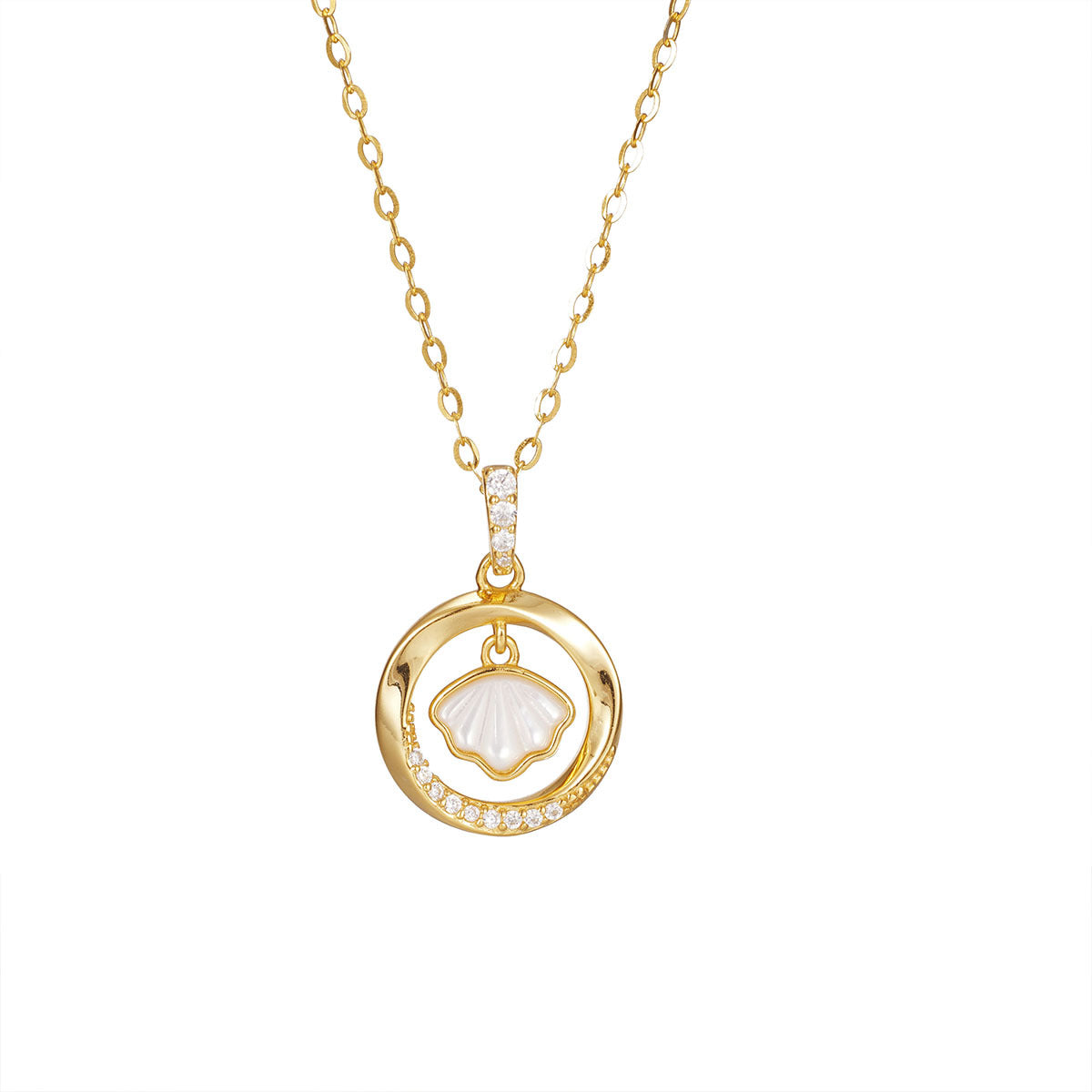 Damen elegante Halskette mit muschelförmigem Anhänger und funkelnden Zirkonia Shop Nory