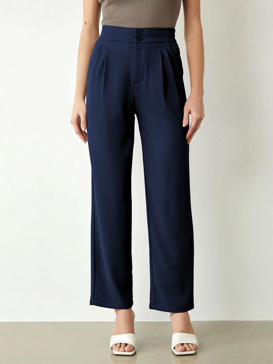 Damen Hochtaillierte weite Stoffhose mit Bundfalten und Doppelknopf Shop Nory