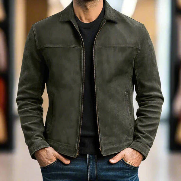 Herren nan schlanke Veloursleder-Jacke mit klassischem Kragen und verdecktem Reißverschluss Shop Nory