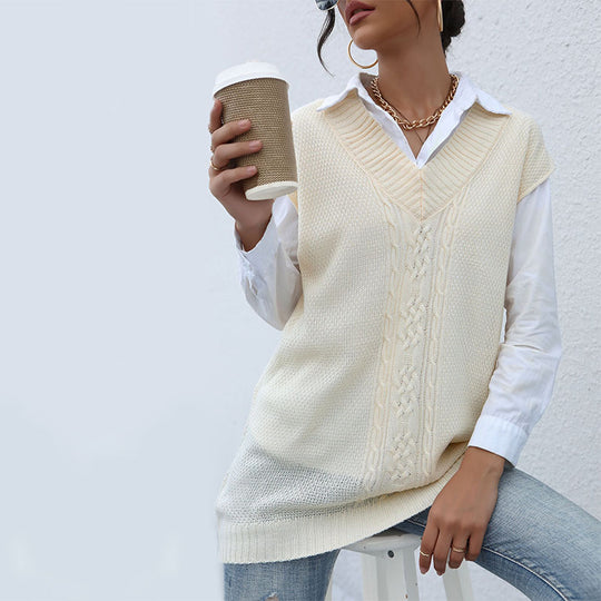 Damen Langer Strickpullunder mit Zopfmuster und V‑Ausschnitt Shop Nory