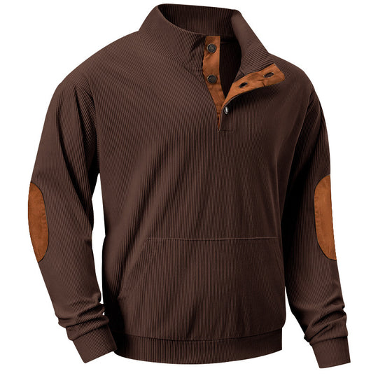 Herren Strukturiertes Ripp-Henley-Sweatshirt mit Stehkragen, Kängurutasche & Velours-Ellbogenpatches Shop Nory
