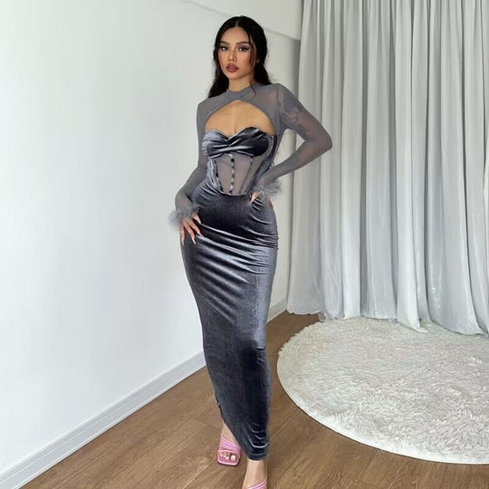 Damen figurbetontes Samt-Maxikleid mit Corsagen-Bustier und transparentem Mesh-Oberteil Shop Nory