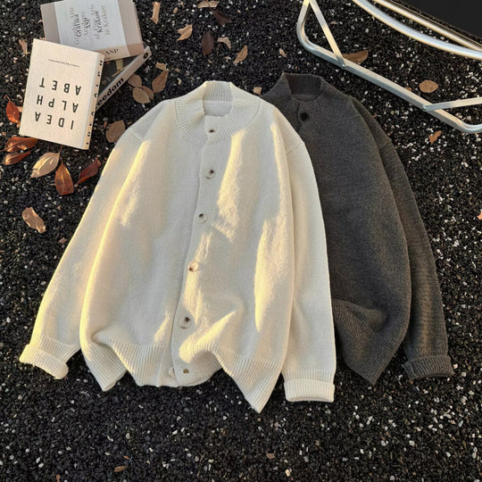 Unisex Oversized Wollmix-Cardigan mit Rundhalsausschnitt, Knopfleiste und geripptem Saum Shop Nory