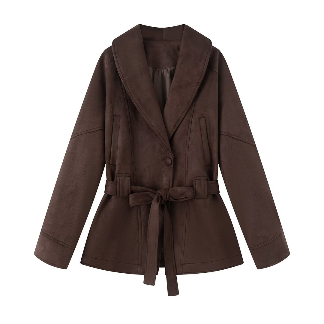 Damen Kurzmantel im Kimono-Style aus Veloursoptik mit weitem Schalkragen und Taillengürtel Shop Nory