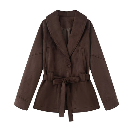 Damen Kurzmantel im Kimono-Style aus Veloursoptik mit weitem Schalkragen und Taillengürtel Shop Nory