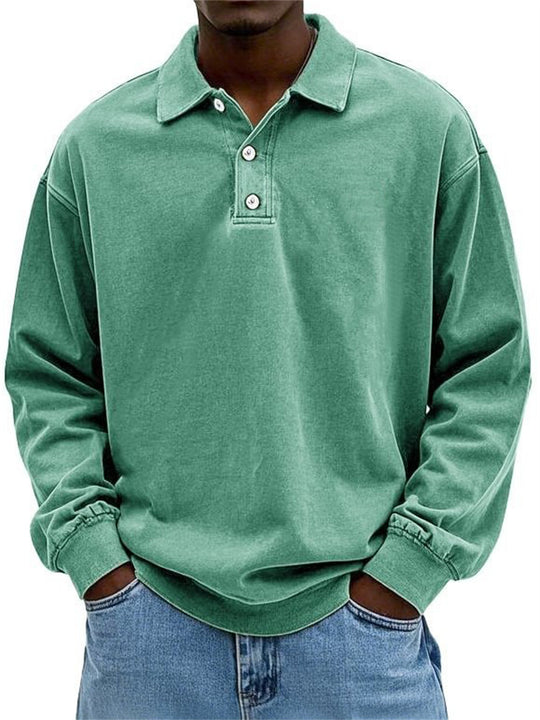 Herren Oversize Denim-Look Polo-Sweatshirt mit kurzer Knopfleiste und elastischen Bündchen EB