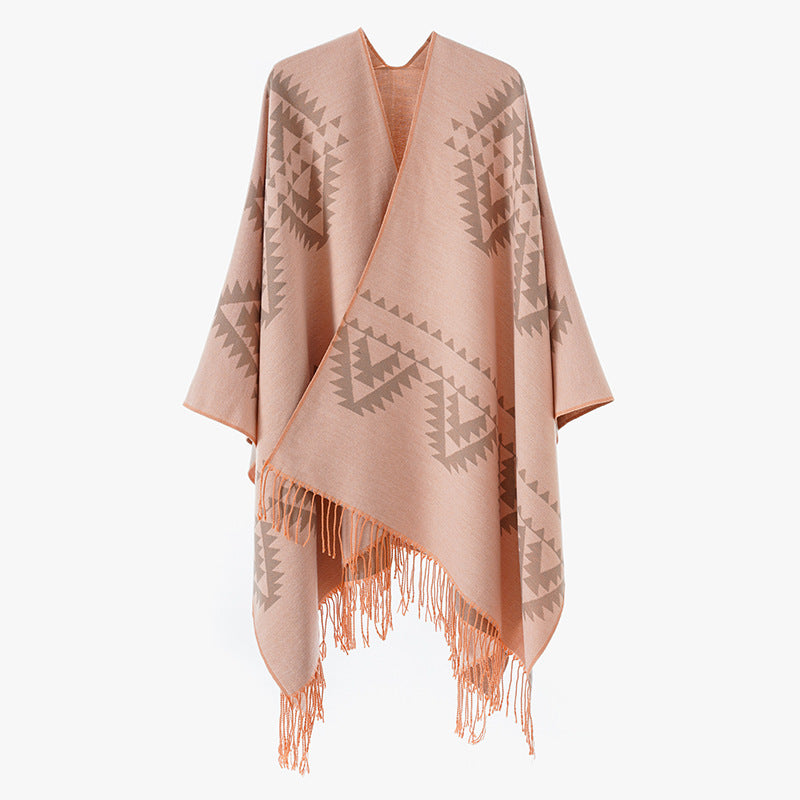 Damen Grobgewebter Jacquard-Umhang im Oversize mit Zipfelsaum und Fransensaum Shop Nory