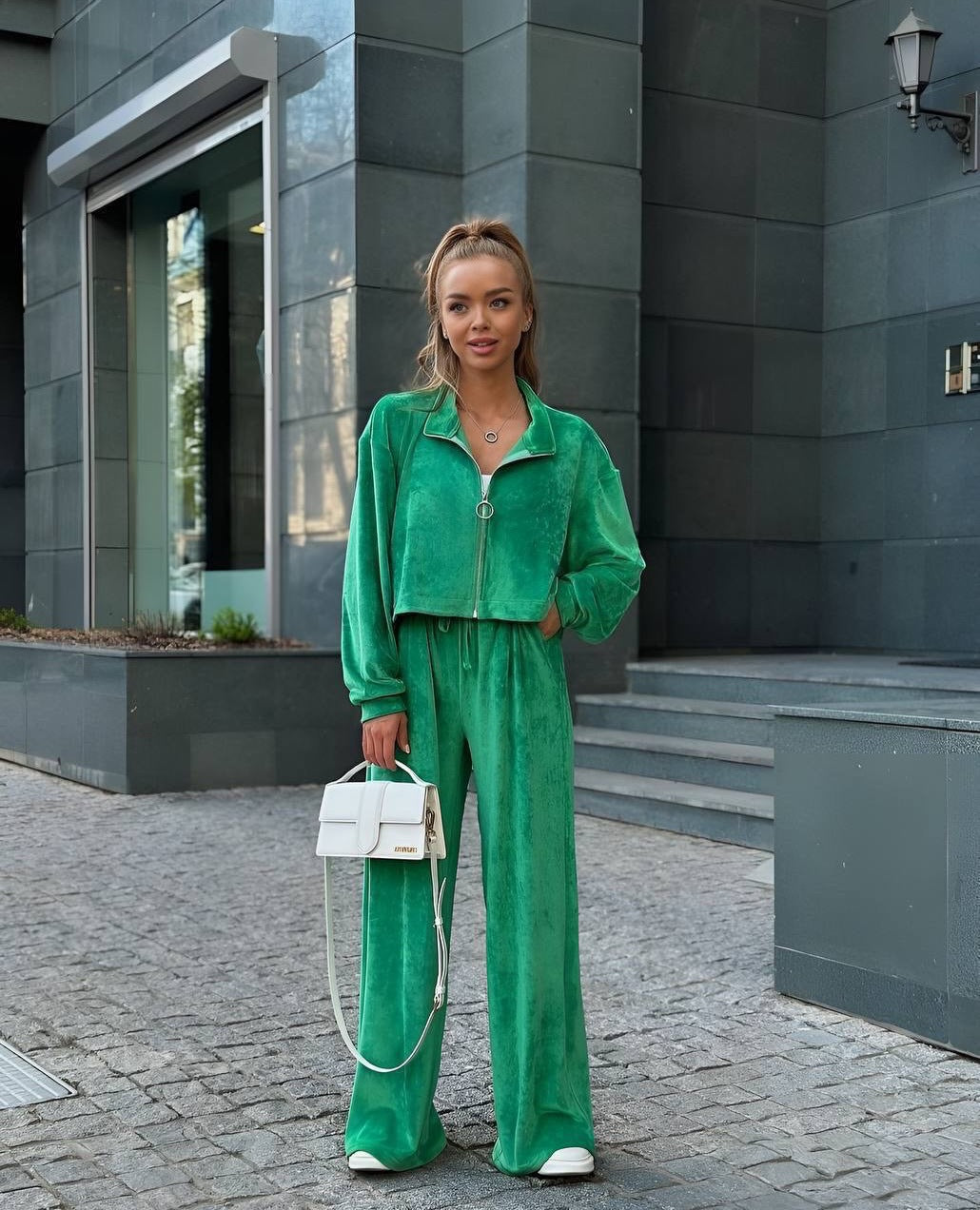 Damen gekürztes Velours-Cropped-Hoodie mit Stehkragen und elastischer High-Waist-Palazzo-Jogginghose Shop Nory
