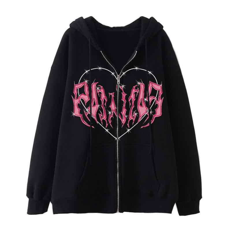 Damen nan Kapuzenjacke mit durchgehendem Reißverschluss und Rippenherz-Print Shop Nory