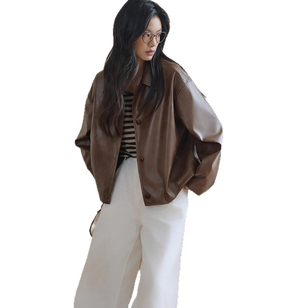 Damen Boxy-Lederoptik-Jacke mit Hemdkragen und Knopfleiste Shop Nory
