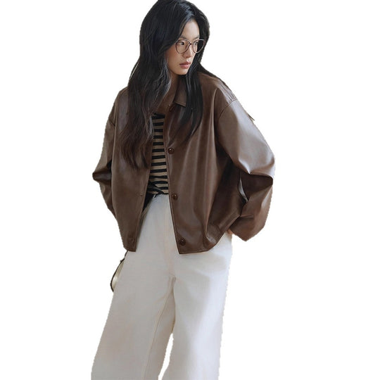 Damen Boxy-Lederoptik-Jacke mit Hemdkragen und Knopfleiste Shop Nory