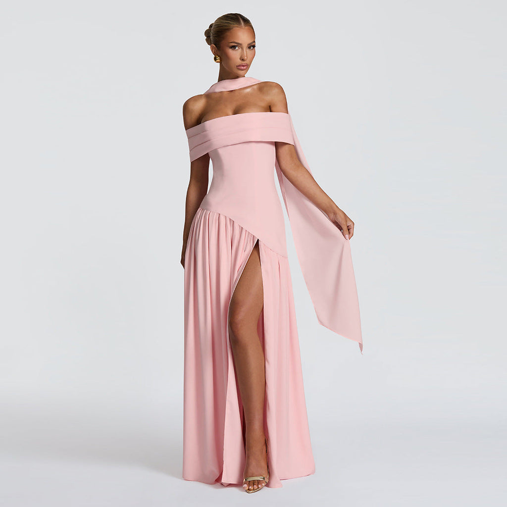 Damen Abendkleid mit schickem Schulterfreies Design und hohem Schlitz