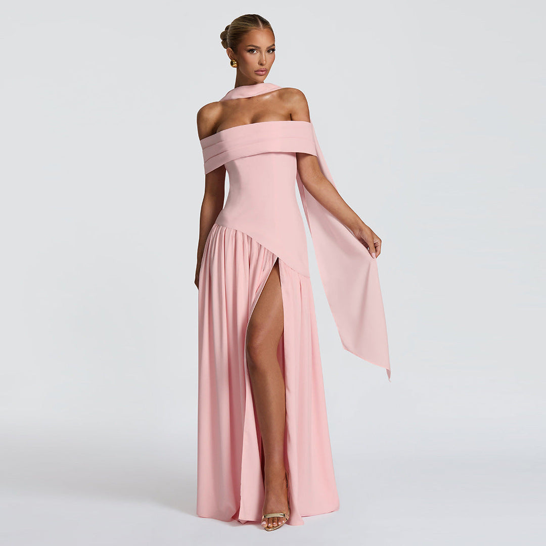 Damen Abendkleid mit schickem Schulterfreies Design und hohem Schlitz
