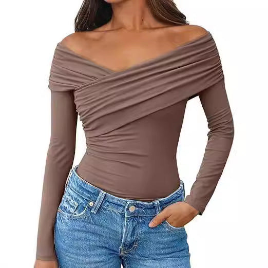Damen Off-Shoulder Langarm-Top mit Wickeloptik und figurbetontem Stretch-Jersey Shop Nory