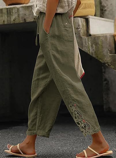 Damen luftige Leinenhose mit dekorativen Stickereien