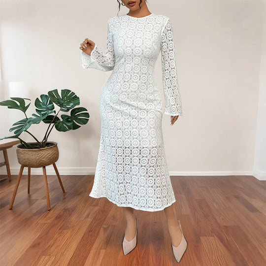 Damen Midikleid aus Häkelspitze mit taillierter Silhouette, Trompetenärmeln und ausgestelltem Saum Shop Nory