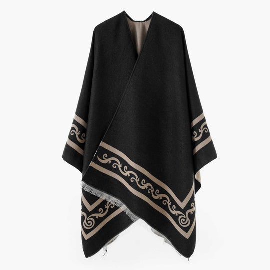 Damen Oversize-Cape mit geometrischem Jacquard und Fransensaum Shop Nory