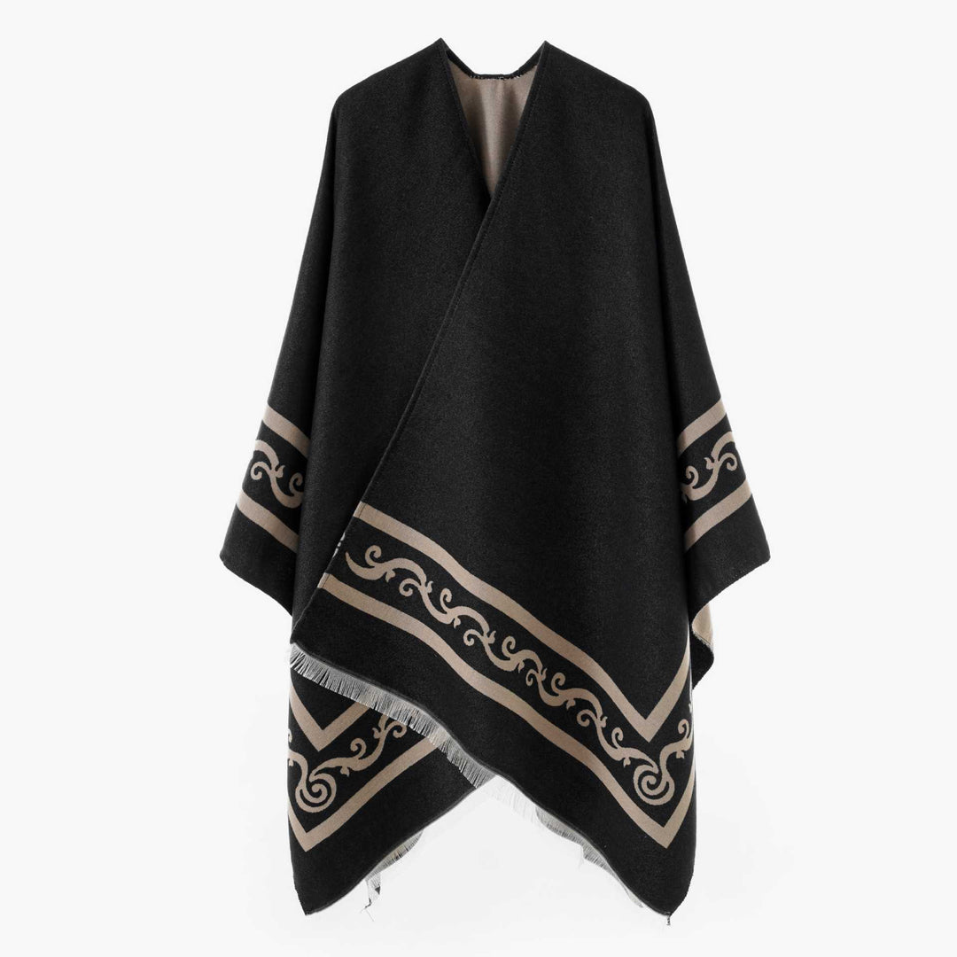 Damen Oversize Jacquard-Capeponcho aus Wollmix mit geometrischem Muster und Fransen Shop Nory