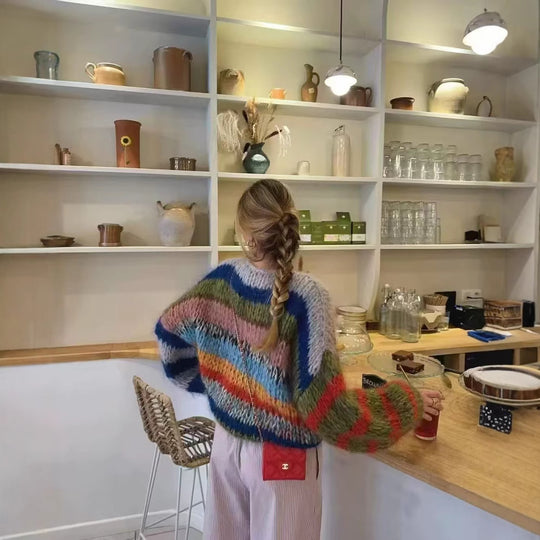 Damen Oversize-Strickpullover aus Mohairmix mit voluminösen Ballonärmeln und Blockstreifen Shop Nory