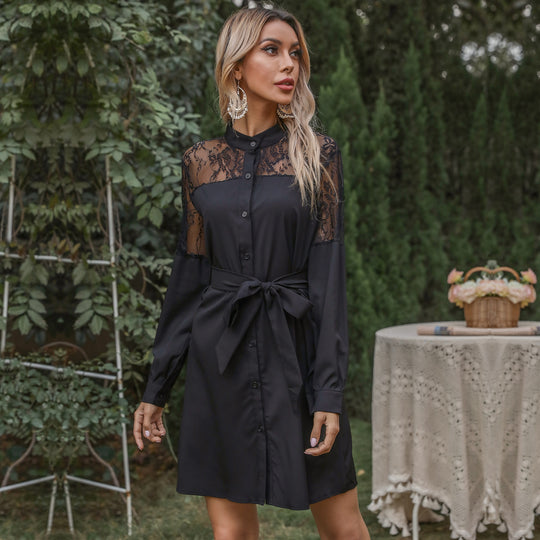 Damen A-Linien-Hemdblusenkleid mit Spitzeneinsatz, Bindegürtel und Knopfleiste Shop Nory
