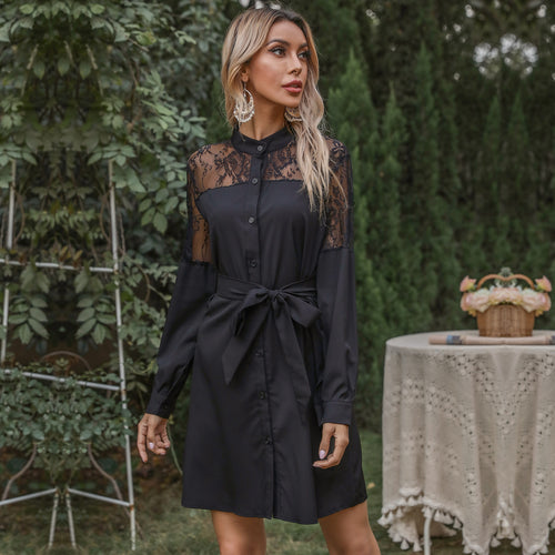 Damen A-Linien-Hemdblusenkleid mit Spitzeneinsatz, Bindegürtel und Knopfleiste Shop Nory