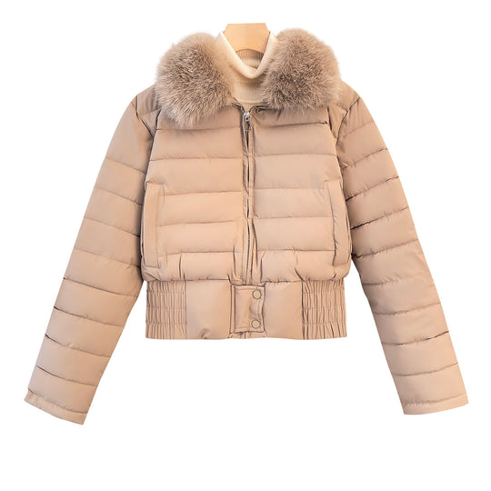 Damen nan kurze gesteppte Bomberjacke mit abnehmbarem Fellkragen und tailliertem Rippbund Shop Nory
