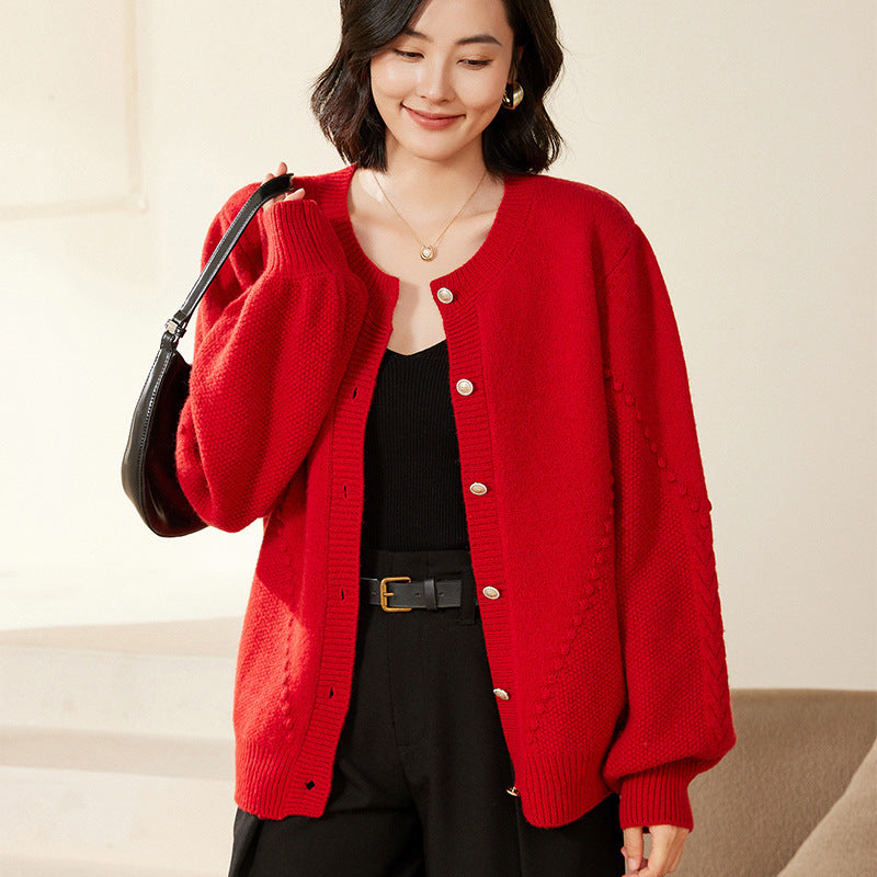 Damen Strickcardigan mit Strukturmuster, Ballonärmeln und Perlmuttknopfleiste Shop Nory
