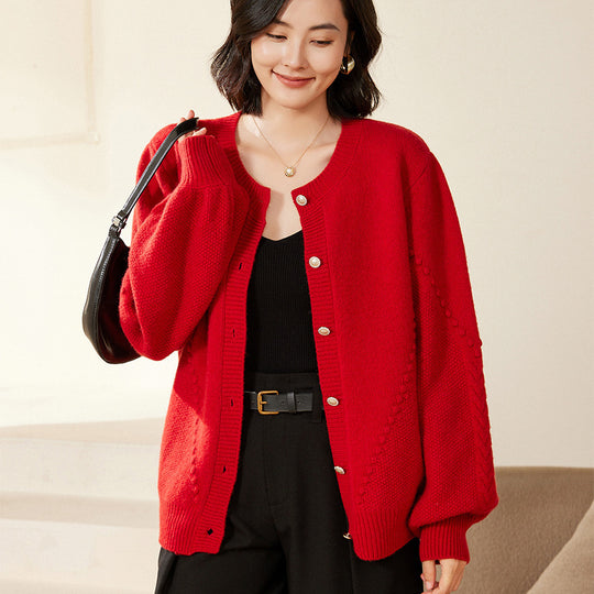 Damen Strickcardigan mit Strukturmuster, Ballonärmeln und Perlmuttknopfleiste Shop Nory