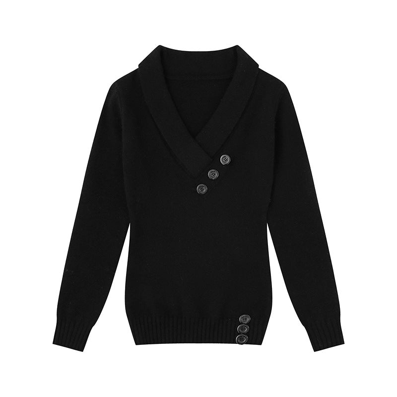 Damen Feinstrick-Pullover mit Schalkragen, V-Ausschnitt und Zierknöpfen Shop Nory