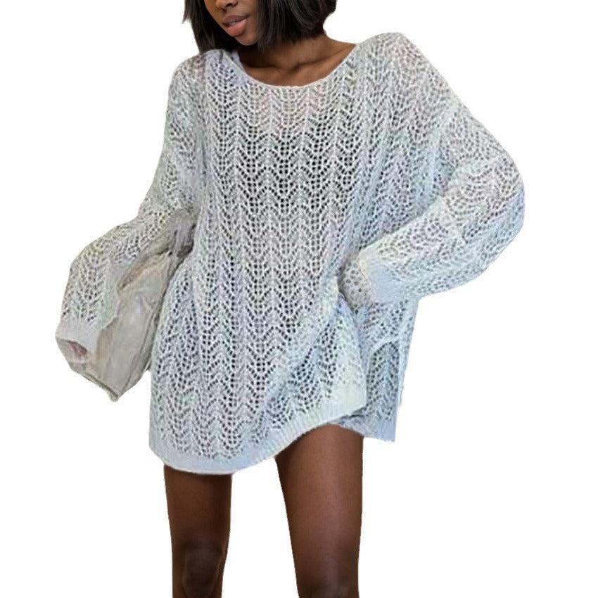 Damen luftiger Strickpullover mit elegantem Lochmuster